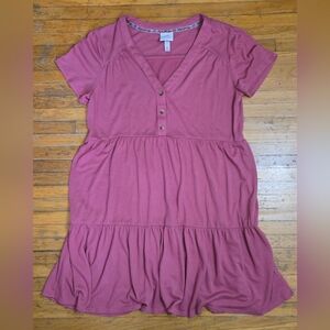 Knox Rose short-sleeve knit A-line dress Mauve Tiered Shirt Button Up V Neck Lg